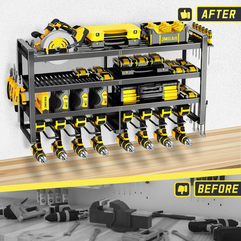 Heavy Duty Power Tool Organizer Wall Mount With Four Tier Storage And Eight Drill Holders, organized garage tools