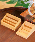 Big Beechwood Three Part Box For Montessori Language Cards on wooden table, featuring solid wood design with three compartments for sorting.