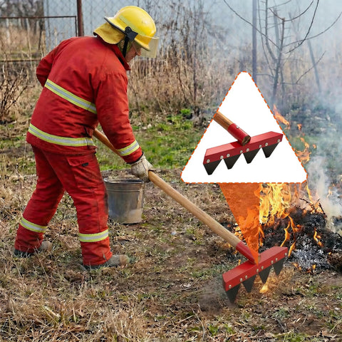 Firefighter using 55 Inch Fire Rake With Locust Wood Handle, Heavy Duty Wildland Firefighting Tool, 12.2 Inch Wide Head And 3.15 Inch Thick Rake Head for building lines