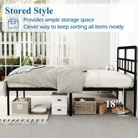 Built Tough 18 Inch Queen Metal Bed Frame With Attached Headboard showcasing underbed storage space and bedding.