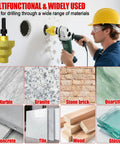 Worker using Diamond Core Drill Bit With M10 Adapter Rod Pro Grade Three Size 20mm 35mm 50mm Step Drill Kit on concrete wall.