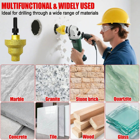 Worker using Diamond Core Drill Bit With M10 Adapter Rod Pro Grade Three Size 20mm 35mm 50mm Step Drill Kit on concrete wall.