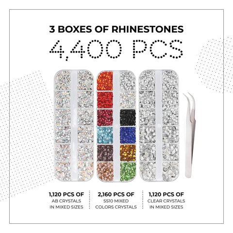 Hotfix Rhinestone Bedazzler Kit includes 4400 rhinestones in assorted colors and tweezers for DIY bling on accessories.