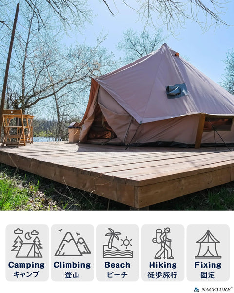 Tent set up on wooden deck secured with Deck Anchors With Carabiners Tie Down Kit For Canopies And Tents No Drill Quick Twist In Stakes