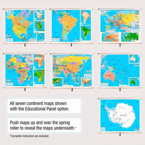 Seven Continents Primary Classroom Kid Friendly Pull Down Map Set With Educational Panels displayed on a wall.