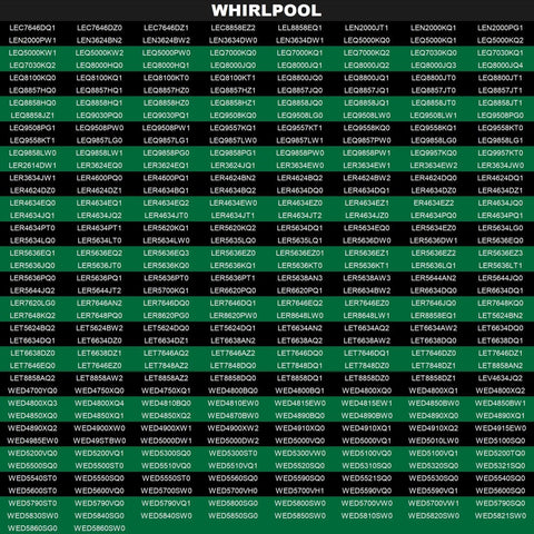Table of Whirlpool dryer models compatible with Beefed Up Stainless Steel Dryer Heating Plate Upgrade For Major Appliance Brands.