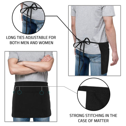 4 Pack Server Aprons With 3 Pockets For Waiters And Waitresses, Water And Oil Resistant Short Waist Aprons For Women And Men, Adjustable Tie, Durable, Machine Washable, Fade-Proof, Wrinkle-Resistant, Black