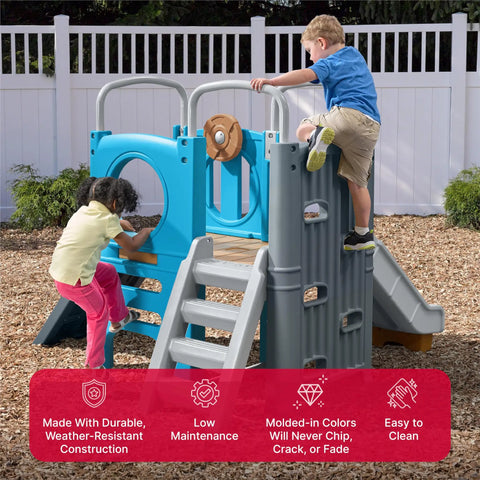 Children playing on a Vintage Style Outdoor Kids Playset With Climber And Slide For Backyard Adventures Featuring A Climbing Wall Crawl