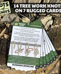 Arborist Knots Knot Cards For Tree Climbing And Trimming Waterproof 14 Page Pocket Guide on a tree stump