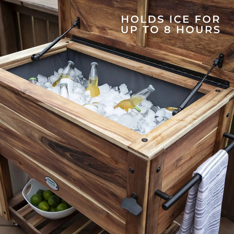 Acacia Wood Patio Cooler Made For Backyard Parties And Yard Barbecues, 100 Qt Capacity Ice Chest With Easy Open Lid shown open with bottles on ice