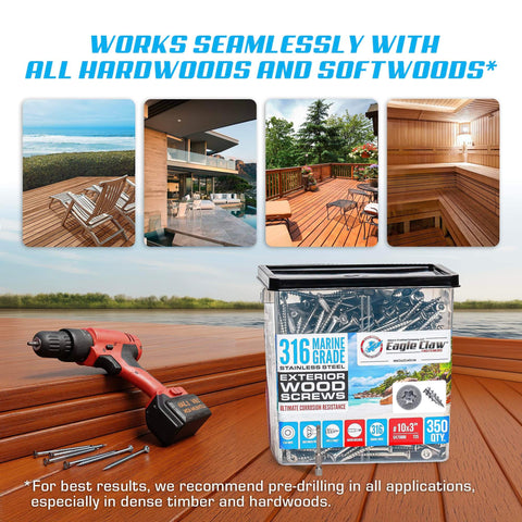 Marine Grade 316 Stainless Steel Wood Screws Size 10 By 3 Inch With Torx T25 Drive 350 Pack visible with drill and screws