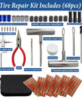 All-In-One 68-Piece Ride-Ready Heavy Duty Tire Repair Kit For Cars, Motorcycles, Trucks, SUVs, RVs And Trailers With Pliers, Tools
