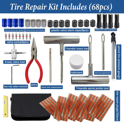 All-In-One 68-Piece Ride-Ready Heavy Duty Tire Repair Kit For Cars, Motorcycles, Trucks, SUVs, RVs And Trailers With Pliers, Tools