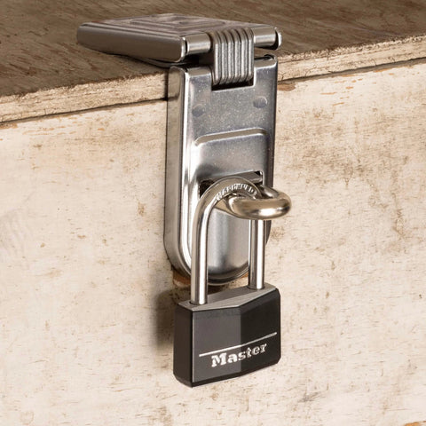 Black Covered Aluminum Lock with Key for Gym Lockers and Outdoor Use securing a toolbox with a long shackle padlock