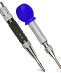Straight Up Badass Heavy Duty Automatic Center Punch Kit With Six And Five Inch Options Featuring Adjustable Spring Tension For Marking Metal Wood Glass And Plastic Plus Chrome Body. Two chrome center punches with knurled grips.