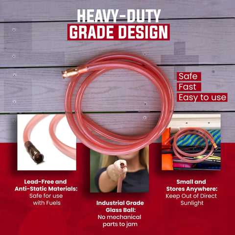One Half Inch X Eight Foot Self Priming Jiggler Siphon Hose Transfers Gas Water Oil Fast Up To Four Gallons Per Minute on a wooden surface.
