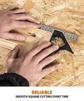 Hands using a square ruler on wood for precise cutting on a workbench.