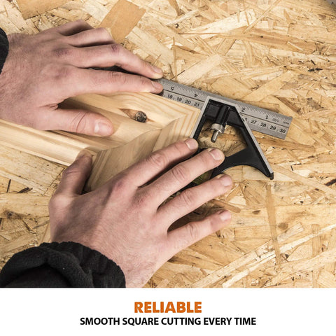 Hands using a square ruler on wood for precise cutting on a workbench.
