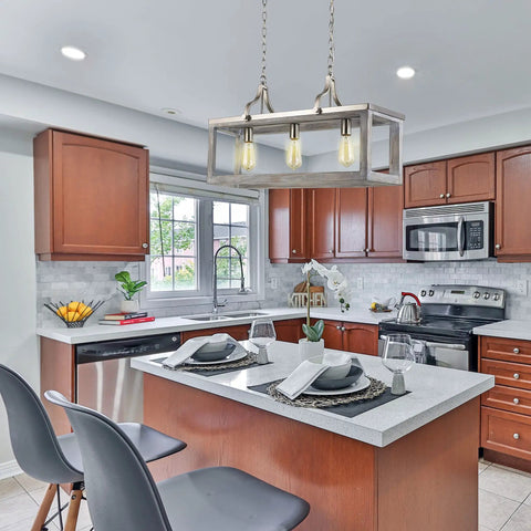 Westbury 4 Light Pendant Fixture with Adjustable Hanging Lights over kitchen island, satin nickel finish, glass opal shades