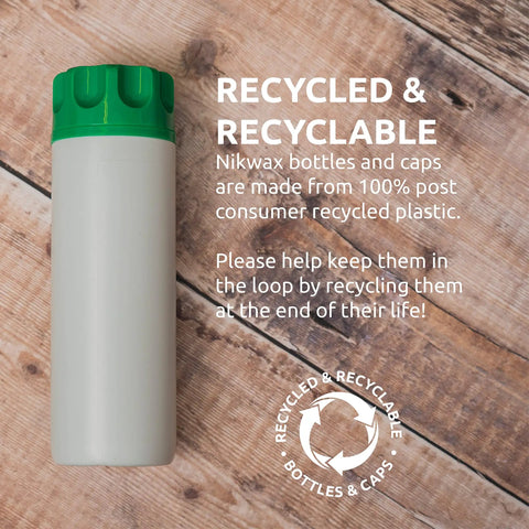 Recycled and recyclable bottle with green cap, accompanying text about sustainability on wood background.
