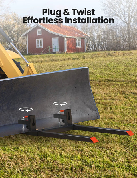 43 Inch Heavy Duty Clamp On Pallet Forks With Adjustable Stabilizer Bar installed on tractor loader in field