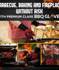 Ultimate BBQ Grill And Oven Gloves Heat Resistant To 1472F with food, grill, oven, and fire pit use showcased.