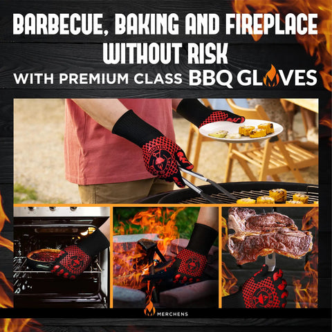 Ultimate BBQ Grill And Oven Gloves Heat Resistant To 1472F with food, grill, oven, and fire pit use showcased.