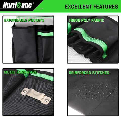 Features of 5 Gallon Bucket Tool Bag Organizer With 52 Pockets Waterproof Garden Caddy, including 1680D polyester and reinforced stitches.