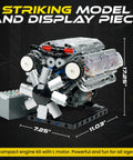 V8 Engine Model Kit For Teens And Adults Build Your Own Realistic Mini V8 With Visible Combustion Chambers Functional DIY Engineering STEM Toy 535 Piece Cool Hands On Learning Project For Ages 14 And Up displayed with dimensions and fan details