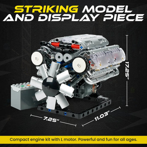V8 Engine Model Kit For Teens And Adults Build Your Own Realistic Mini V8 With Visible Combustion Chambers Functional DIY Engineering STEM Toy 535 Piece Cool Hands On Learning Project For Ages 14 And Up displayed with dimensions and fan details