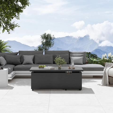 Propane Fire Pit Table With 50,000 BTU Heat For Your Backyard, 51 Inch Rectangle Fire Table, gray finish, outdoor setting.