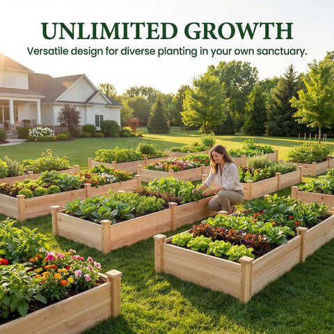 Large 8x2ft outdoor wooden raised garden beds for veggies and herbs, natural wood finish, ideal for patio, lawn, or garden.