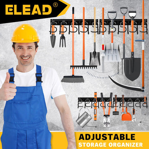 68 Inch All Metal Adjustable Garden Tool Organizer with Heavy Duty Iron Hooks holding various tools