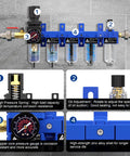 Diagram of All In One Heavy Duty 1/4 Inch NPT Five Stage Air Filter Regulator Lubricator Combo with labeled parts in blue.