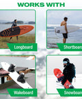 Collage showing longboard, shortboard, wakeboard, and snowboard highlighting Wood Surfboard Rack For Longboards And Shortboards Indoor Outdoor Wall Mount Display Crafted In Minimal Dark Stained Wood To Turn Your Board Into Art And Keep It Safe At Home Or In The Shop compatibility.