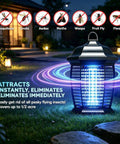 Powerful 20W 4200V Electric Bug Zapper For Indoor Outdoor Use With IPX4 Waterproof Design And 6 Foot Cord For Patio Garage Backyard Mosquitoes Flies Moths Wasps And More, glowing at night in a yard, highlighting features.