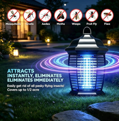Powerful 20W 4200V Electric Bug Zapper For Indoor Outdoor Use With IPX4 Waterproof Design And 6 Foot Cord For Patio Garage Backyard Mosquitoes Flies Moths Wasps And More, glowing at night in a yard, highlighting features.