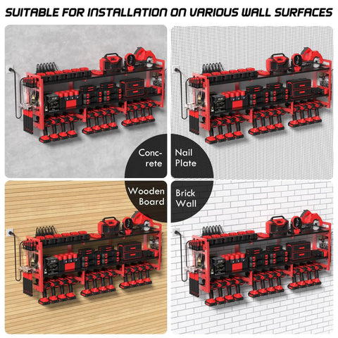 56.7 Inch Wide Beefy Heavy Duty Power Tool Organizer Wall Mount with Charging Station, shown on various wall surfaces.