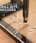 Dual Sided Shelf Pin Jig With One Quarter Inch And Five Millimeter Self Centering Drill Bits features close-up with template