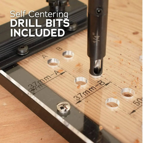 Dual Sided Shelf Pin Jig With One Quarter Inch And Five Millimeter Self Centering Drill Bits features close-up with template