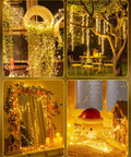 Battery Powered Fairy Lights 60 Warm White LED String On Waterproof Silver Wire Five Feet With Firecracker Lit Starry Look For Wreaths Home Decor Weddings Mason Jars Holiday Christmas Ramadan Decorations in various settings: garden, mirror frame, and indoor decor with glowing lights.