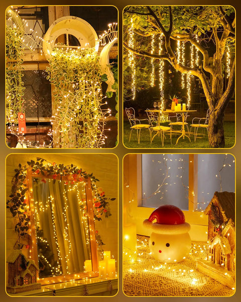 Battery Powered Fairy Lights 60 Warm White LED String On Waterproof Silver Wire Five Feet With Firecracker Lit Starry Look For Wreaths Home Decor Weddings Mason Jars Holiday Christmas Ramadan Decorations in various settings: garden, mirror frame, and indoor decor with glowing lights.