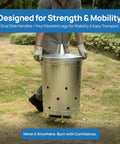 Person carrying Beefy 20 Gallon Galvanized Steel Incinerator Can With Lid And Vent Holes for outdoor use