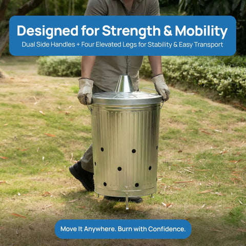 Person carrying Beefy 20 Gallon Galvanized Steel Incinerator Can With Lid And Vent Holes for outdoor use