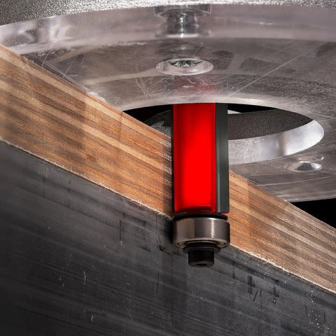 Pro Grade Top And Bottom Bearing Flush Trim Router Bit With Hi-Density Carbide For Template Work And Laminate Routing 1/2 Inch Diameter 1/4 Inch Shank 2 Cutters Model 50-501 in action on wood edge