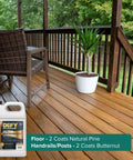 Badass Semi Transparent Outdoor Wood Stain And Sealer Combo Natural Pine Color One Gallon Bucket on a wooden deck with railing.