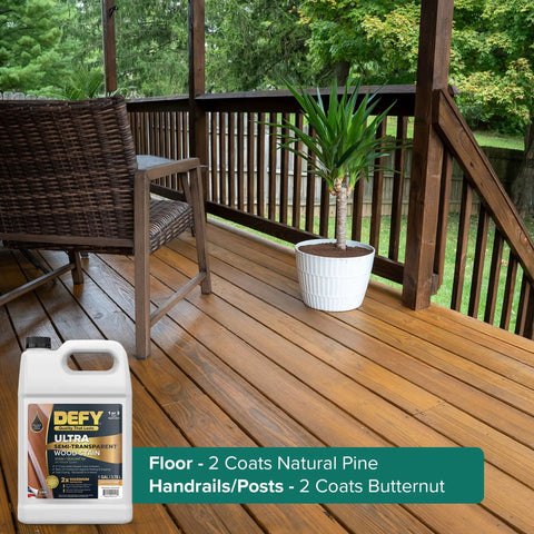 Badass Semi Transparent Outdoor Wood Stain And Sealer Combo Natural Pine Color One Gallon Bucket on a wooden deck with railing.