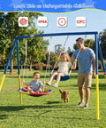 Backyard Swing Set With Stand, Heavy Duty 440lbs, Dual Swing Frame Includes 32 Inch Saucer Swing And 26.2 Inch Belt Seat For Outdoor Play, Kids And Adults Friendly, Durable Metal Stand, Easy Assembly with children and adult enjoying the swing.