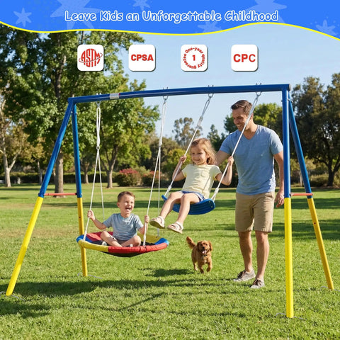 Backyard Swing Set With Stand, Heavy Duty 440lbs, Dual Swing Frame Includes 32 Inch Saucer Swing And 26.2 Inch Belt Seat For Outdoor Play, Kids And Adults Friendly, Durable Metal Stand, Easy Assembly with children and adult enjoying the swing.