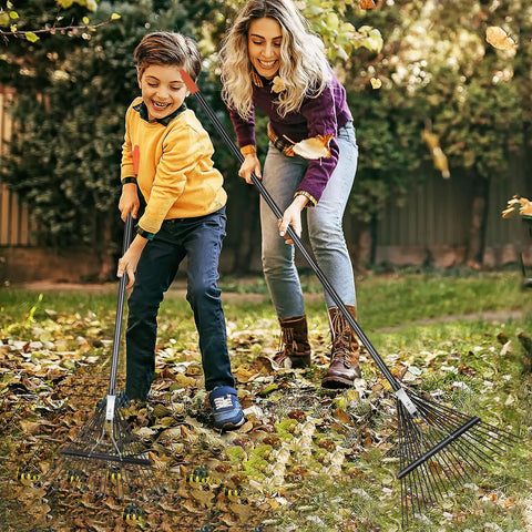 People using Heavy Duty Garden Leaf Rake With 22 Tines And 22.8 Inch Wide Head, adjustable handle for raking leaves in garden